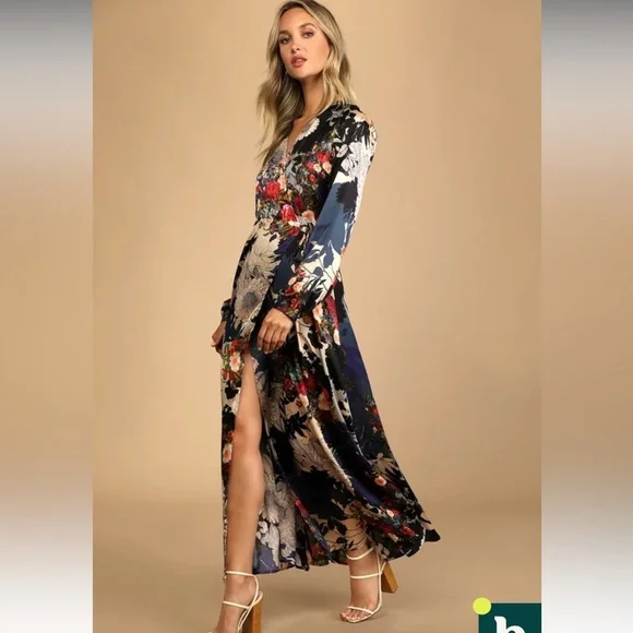 Lulus Put on a Smile Blue Floral Print Satin Wrap Maxi Dress - Picture 3 of 6